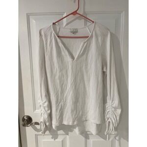 Lucky Brand Women White Crinkle Gauze Split Neck Ruched Tie Sleeve Blouse Boho